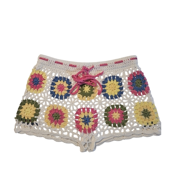 Musera Crochet Boho Shorts Colorful Hollow Out Cover Up  Floral Granny Square L - Picture 9 of 17
